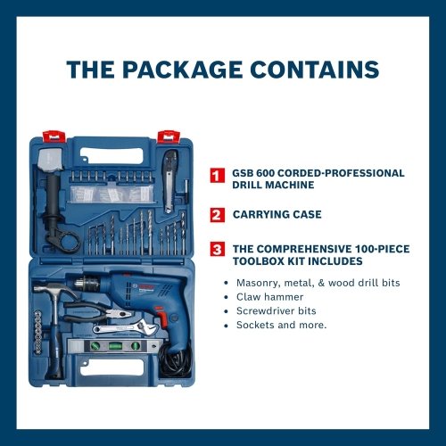 BOSCH GSB 600 Corded Electric Impact Drill, 100Pcs Accessory Set | 600 W Motor | Speed of 3000 RPM | Rated Torque of 1.4 Nm | Impact rate of 48000 BPM - Image 4