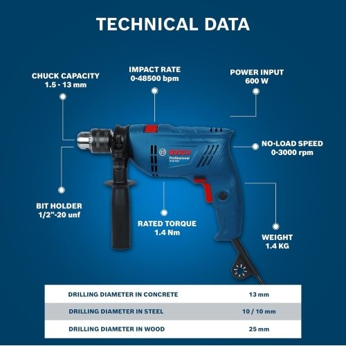 BOSCH GSB 600 Corded Electric Impact Drill, 100Pcs Accessory Set | 600 W Motor | Speed of 3000 RPM | Rated Torque of 1.4 Nm | Impact rate of 48000 BPM - Image 3