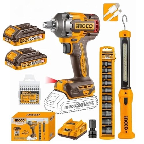Ingco 1/2" Cordless Impact Wrench Kit, 400 N.m, 2 x 2.0 Ah Batteries, 10-Piece Socket Set, LED Work Light, 10-Piece Screwdriver bit
